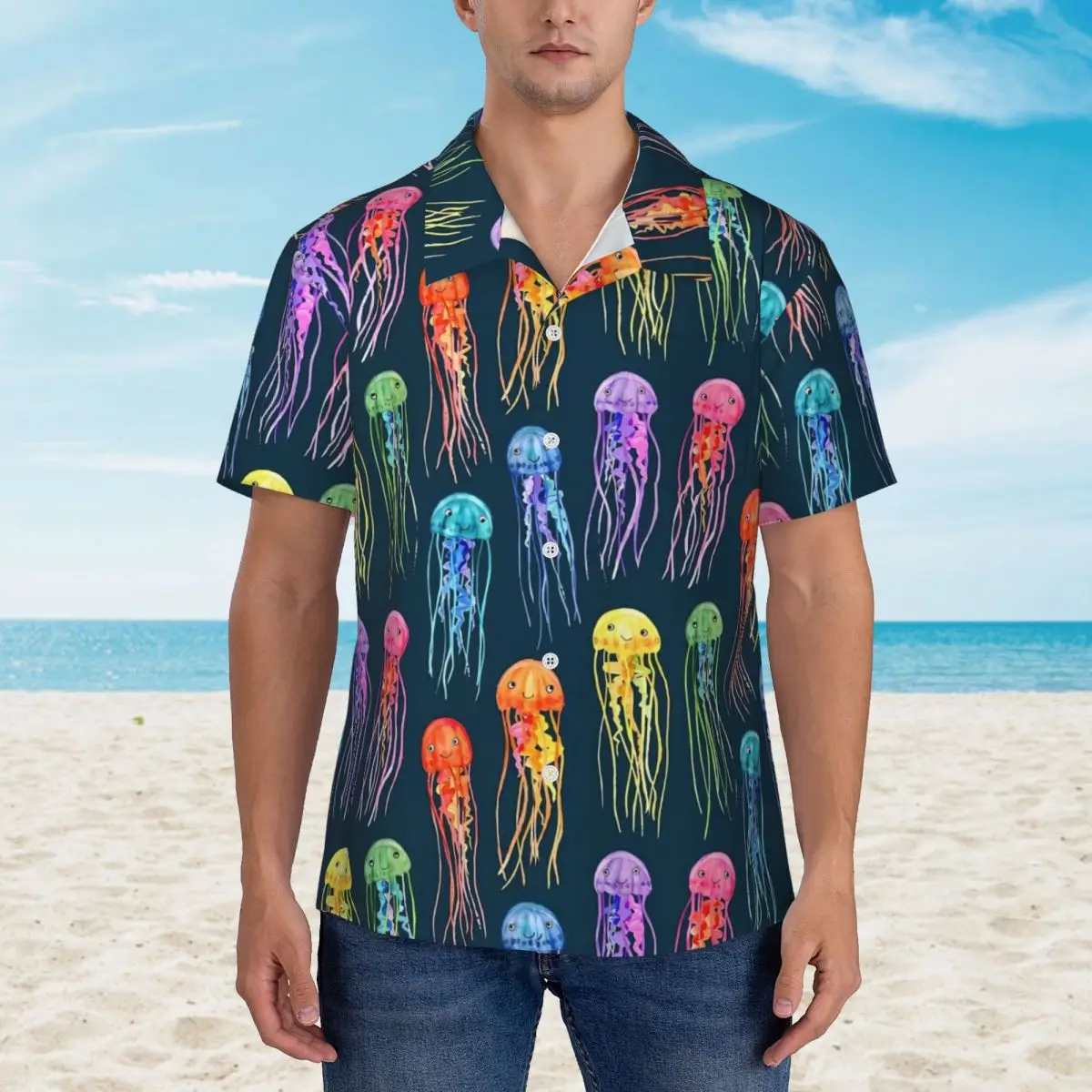 

Watercolor Jellies Hawaiian Shirt Man Beach Rainbow Jellyfish Casual Shirts Short Sleeve Y2K Street Design Oversized Blouses