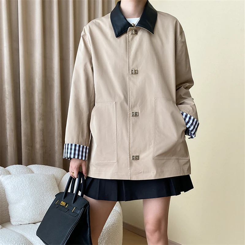 

Early Autumn Leather Lapel Single Breasted Trench Coat Khaki Mid Length Fashionable Patchwork Versatile Jacket For Women