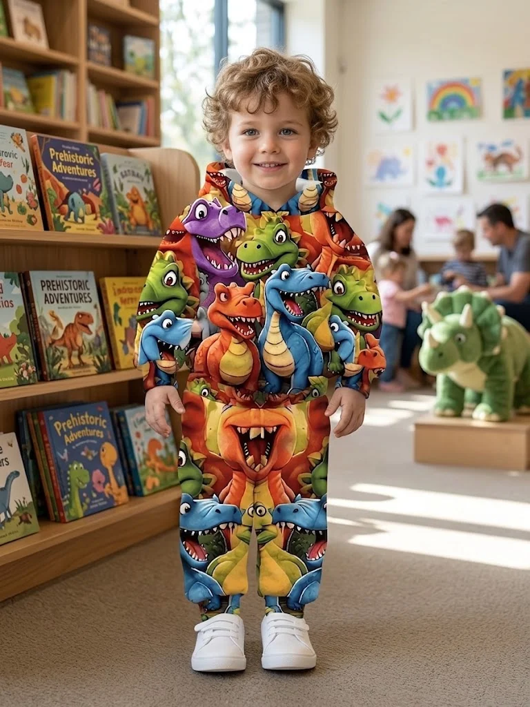 Kids Cartoon Dinosaur Hooded 2‑Piece Outfit, Baby Boys Fashion Long Sleeve Hoodie And Pants Set For Daily Wear