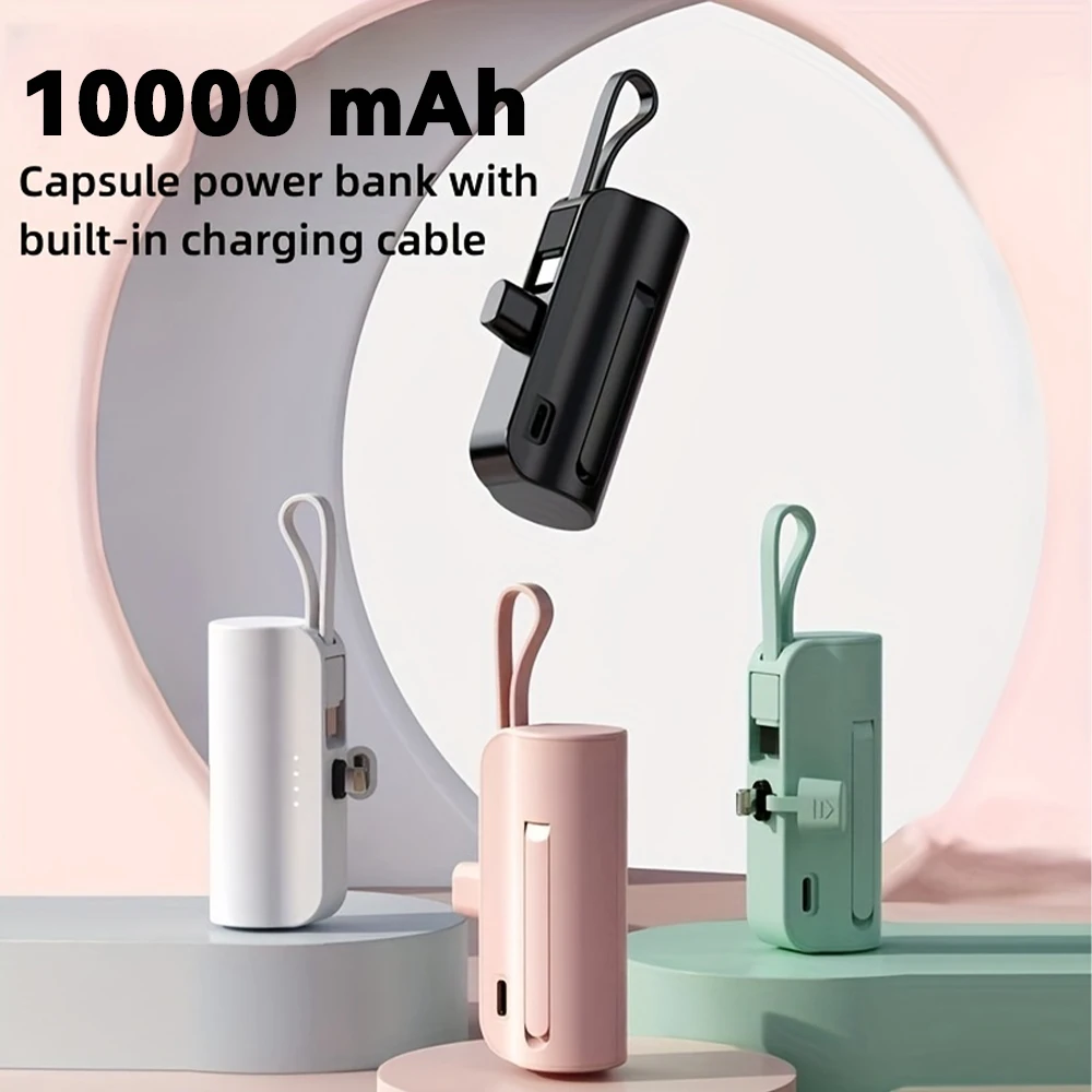 Power Bank 10000mAh Leve com Cabo Embutido, Carregador Portátil para Celular, Emergência e Uso Diário