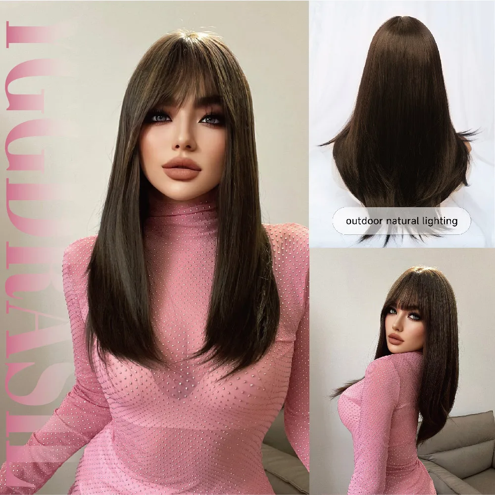 24Inch Fashion Cold Brown Synthetic Wigs With Bang Medium Natural Straight Hair Wig For Women Daily Use Cosplay Heat Resistant