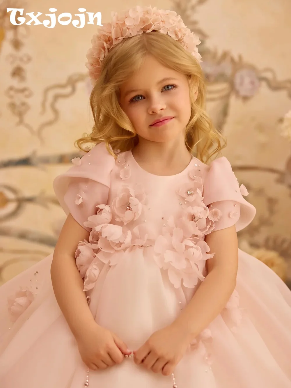 Txjojn Pink 3D Floral Kids Princess Gown Children Pageant Dresses Sweet Luxurious Pearls Girls Dress Wedding Guest Wear 2-14Y