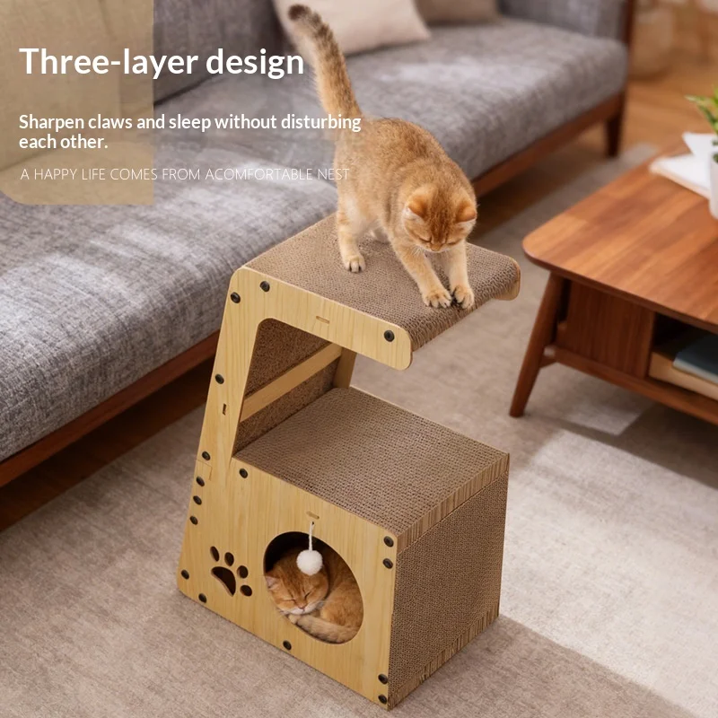 Rascador con cama multifuncional para gato – casa juego de cartón - imagen 2