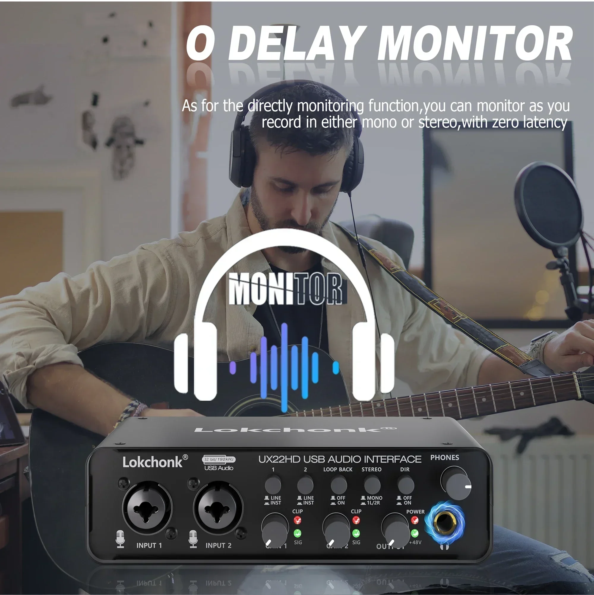 Interfejs audio US.EU UX22, karta dźwiękowa 32-bit/192KHz, przetwornik AD, nagrywanie gitary elektrycznej na żywo, profesjonalne studio, śpiew.