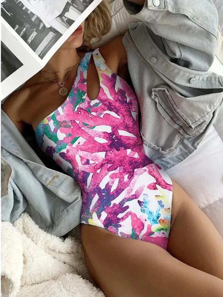 

Women Sexy Tie Dye Print One Piece Swimsuit Gradient Hollow Out One Shoulder Bodysuit Push Up Monokini one piece swimsuit
