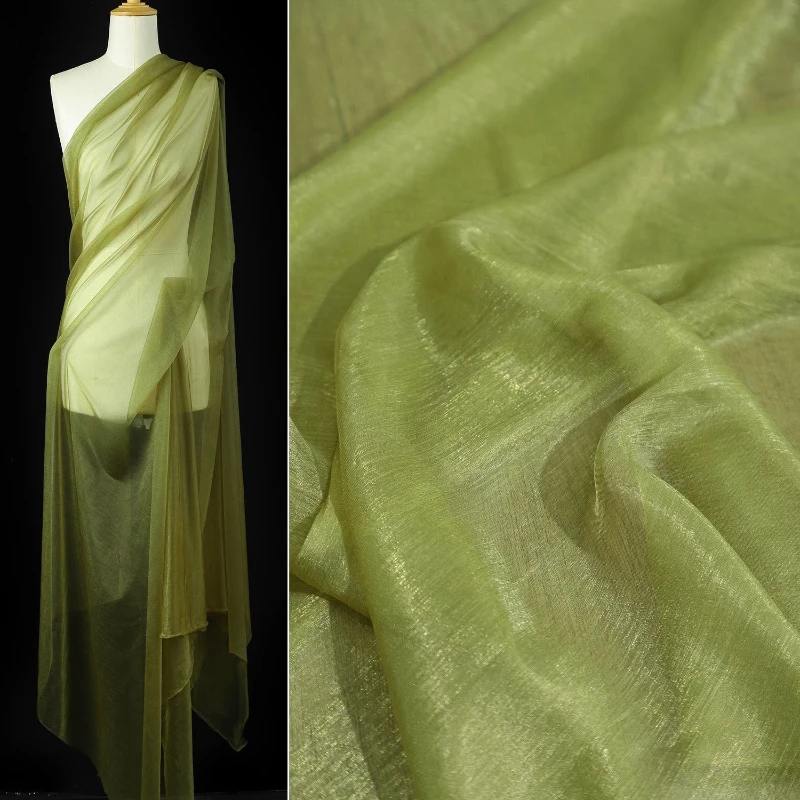 Green Micro Shimmering Yarn Semi Transparent Chiffon Shiny Silk Delicate and Soft Shawl Dress with Headband Designer Fabric