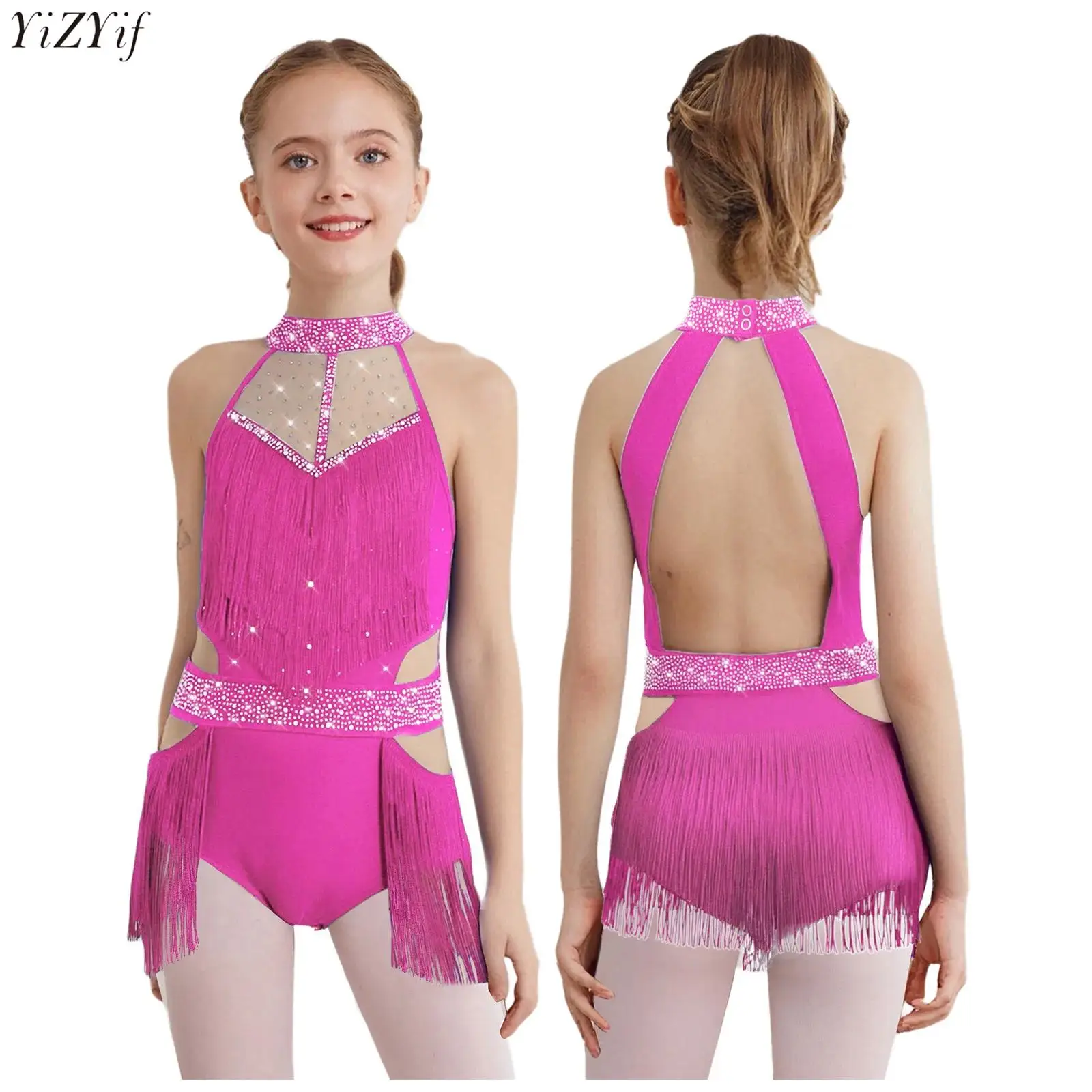 

Kids Girls Latin Jazz Dance Leotard Sleeveless Sheer Mesh Cutout Back Shiny Rhinestones Tassels Skirted Bodysuit Tango Dancewear