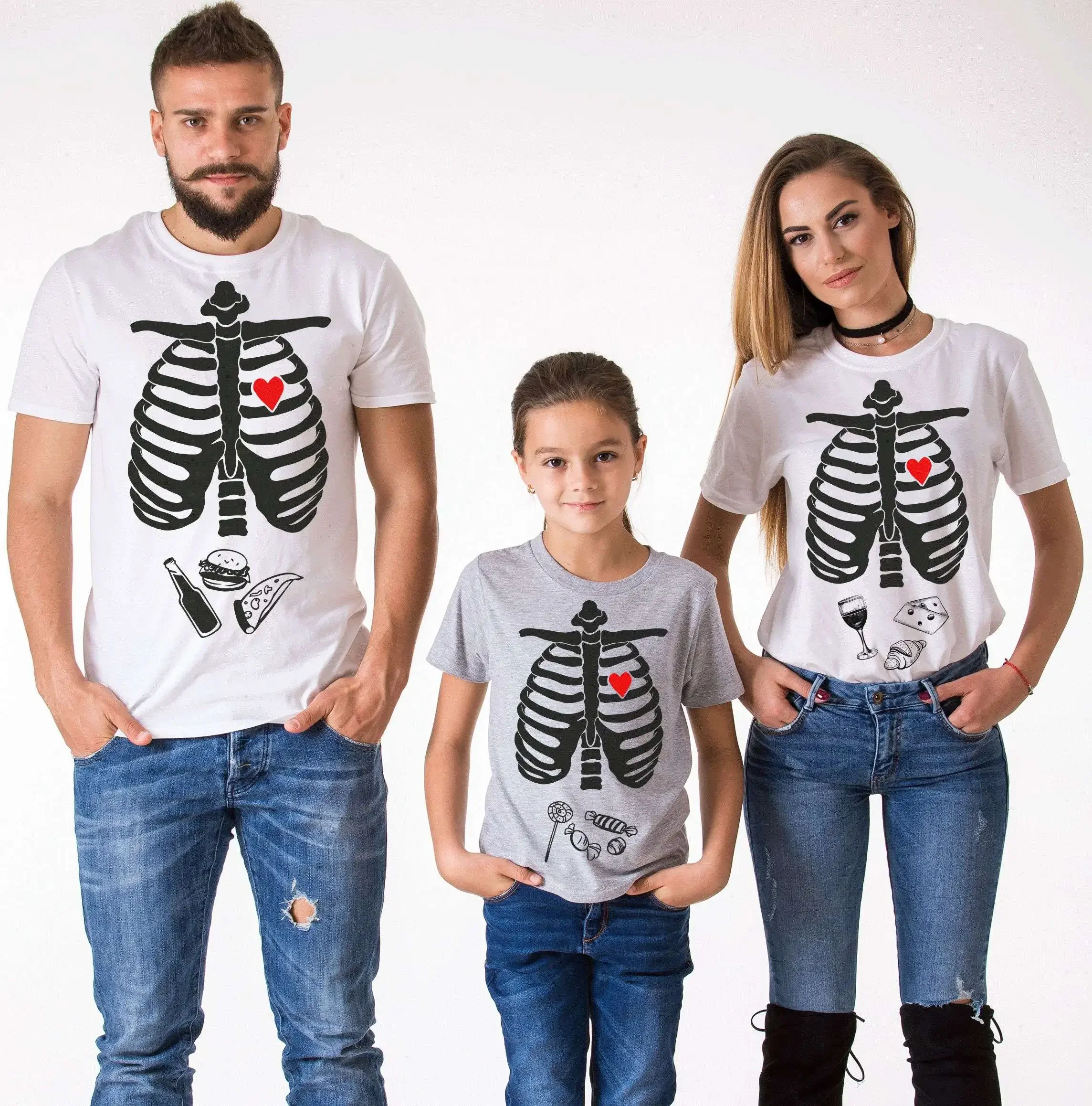 مضحك هالوين الهيكل العظمي تي شيرت الأسرة مطابقة وتتسابق أمي وأبي والأطفال تي شيرت