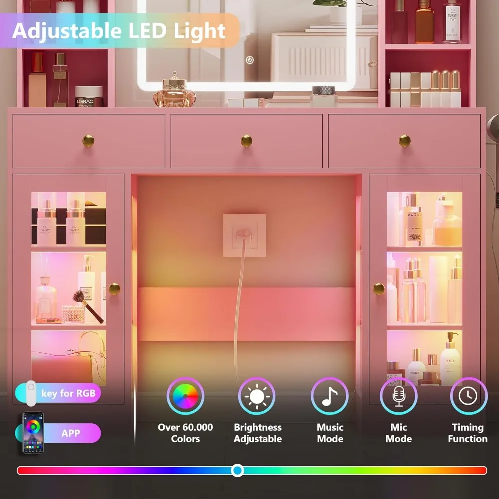 Scrivania da toeletta rosa con specchio e luci, set da toeletta per trucco con specchio illuminato e armadietto in vetro RGB, cassetti, armadietto in vetro