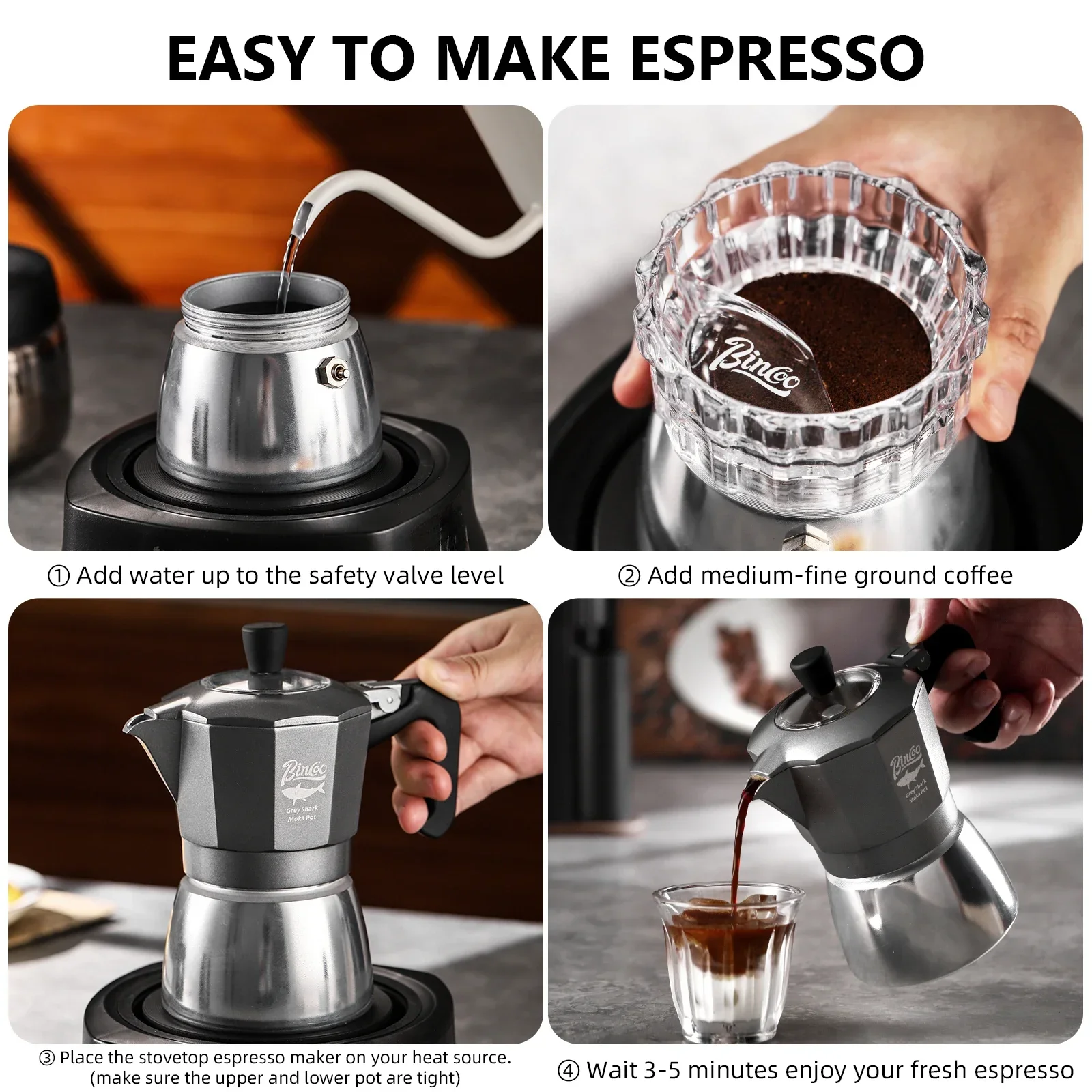 Bincoo 2 Cups Double Valve Moka Pot Aluminium Alloy Coffee Pot Cafe Machine Espresso Coffee Makers Camping Barista Tool - view 4