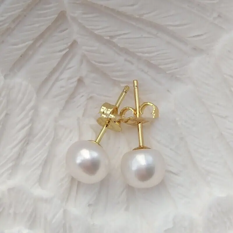 

Excellent Pair 7-8mm Natural South Sea White Pearl Earrings 14k Gold P