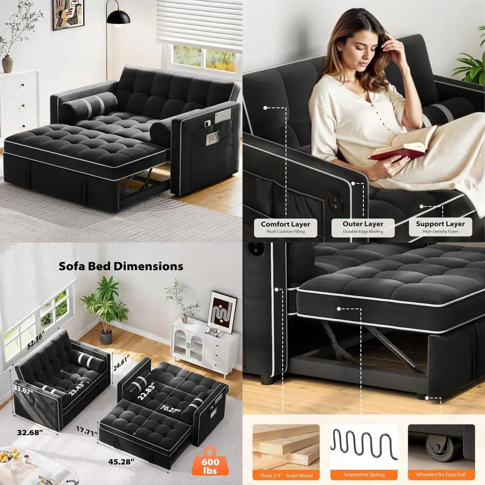 

Versatile 3-in-1 Sleeper Sofa with Pull-Out Couch, Living Room, USB Ports & Side Pockets, Velvet Loveseat Sofa Bed in Black