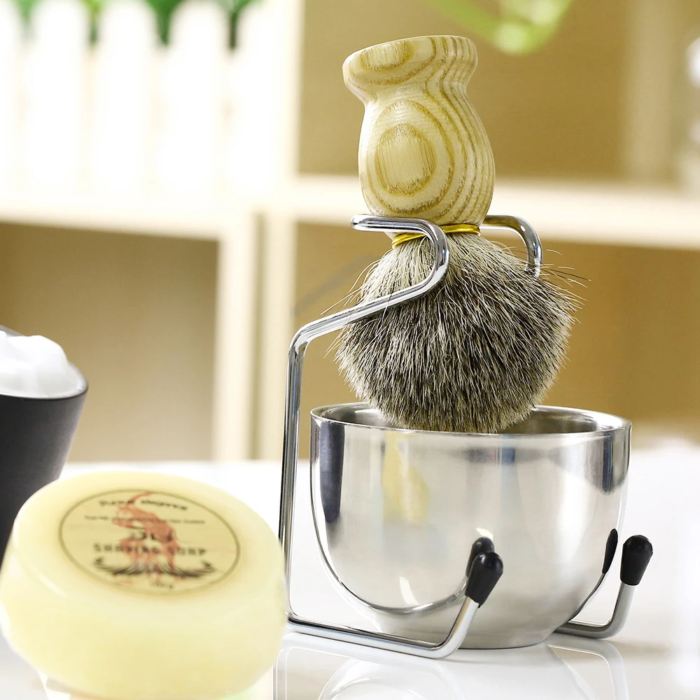 

4pcs Pure Badger Shaving Brush Set,Wood 100% Stainless Steel Stand,2 Layers Shave Bowl,Goat Milk Soap for Men Wet Shave Kit 22mm