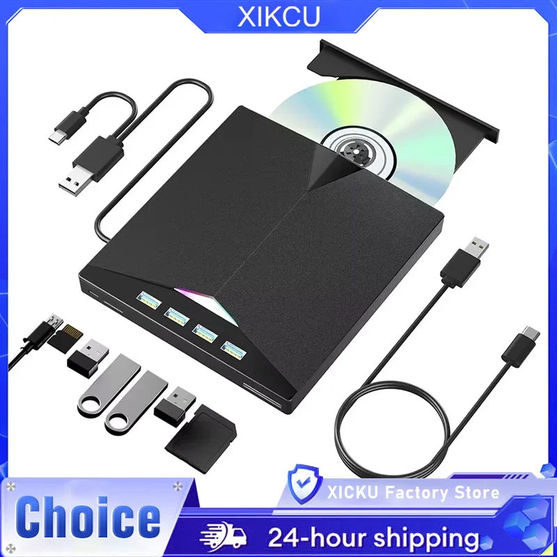 

Внешний привод для компакт-дисков/DVD 7-в-1, USB3.0 Type-C, портативный проигрыватель компакт-дисков, DVD RW, устройство чтения для ноутбуков, ПК, Windows с слотами для карт SD TF