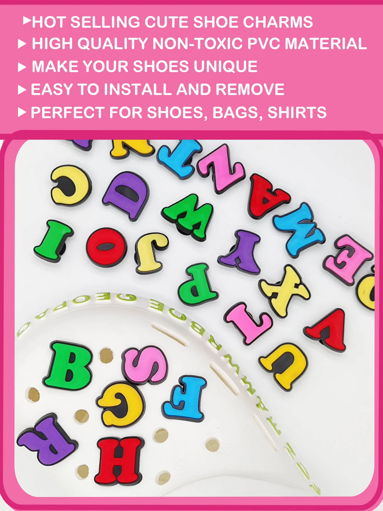 26Pcs Colorful Letter Alphabet Series Shoe Charms For DIY Charms Shoe Decoration Accessories Shoe Pins Bubble Slides Sandals