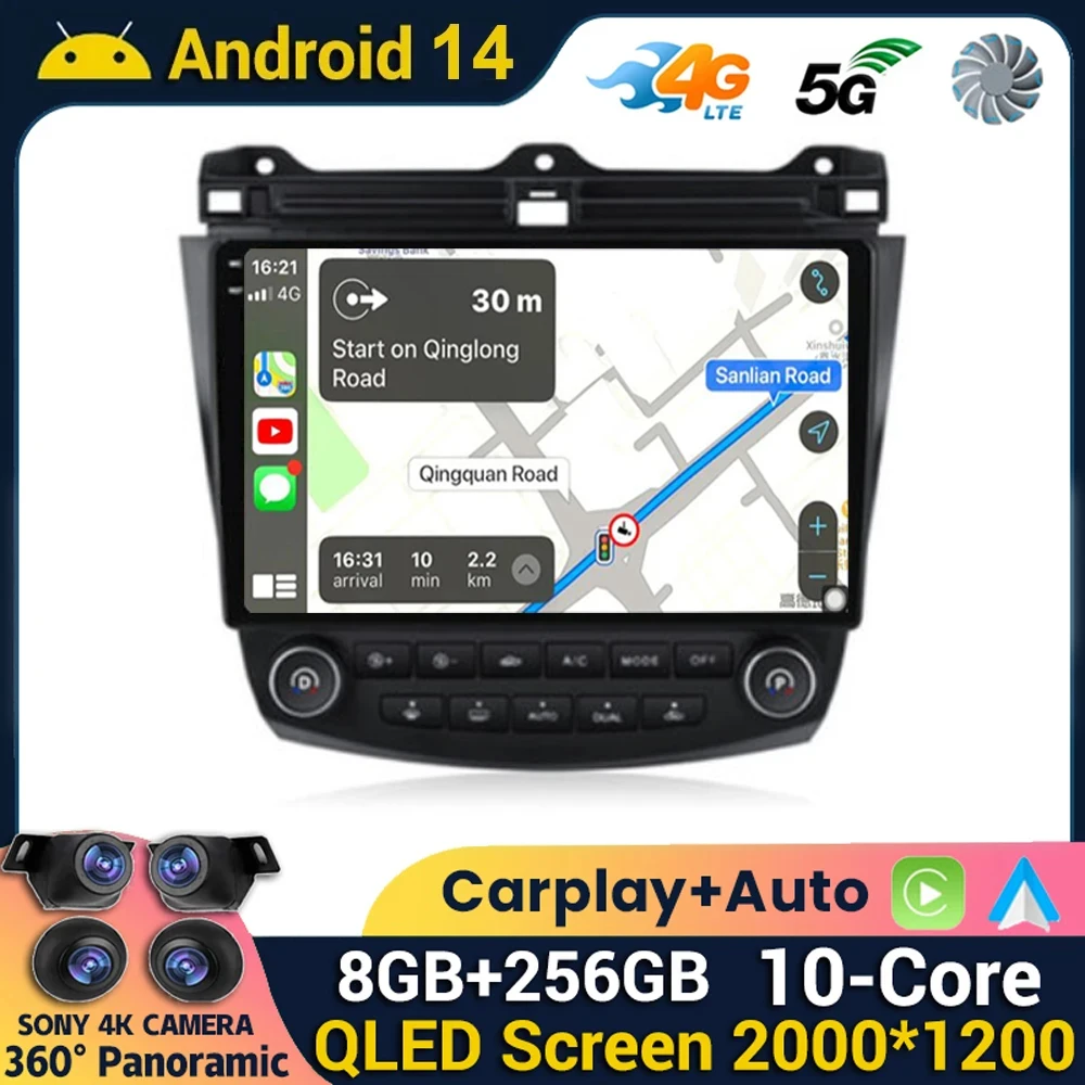 

Android 14 Carplay Auto для Honda Accord 7 2003 2004 2005 2006 2007, мультимедийная магнитола, навигация, WIFI + 4G