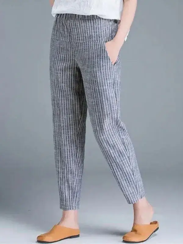 กางเกงลำลองผู้หญิงลายทางแนวตั้งทรงหลวม เอวยางยืด ทรงตรงขายาว สวมใส่สบาย ทรงหลวม แฟชั่นฤดูร้อน