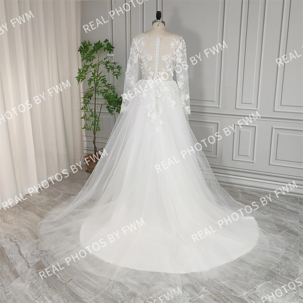 Robe de mariée en dentelle à manches longues pour mariée, robe trapèze en tulle, superbe robe de patients sur mesure, photos réelles, 20294 #, 2024