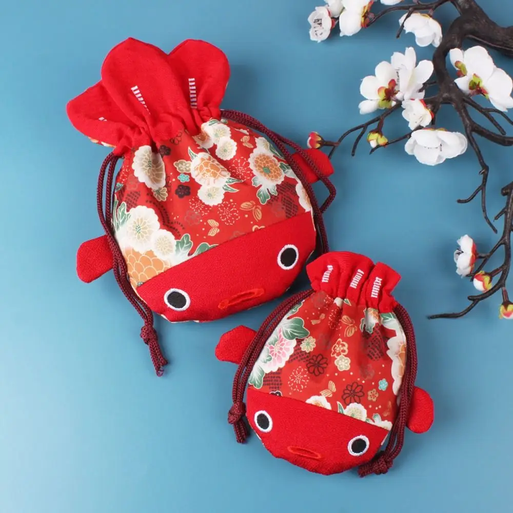 Bolsa con cordón de flores de lona de animales de dibujos animados, bolso de mano con forma de pez dorado de gran capacidad para Año Nuevo, bolsa de almacenamiento para muñeca