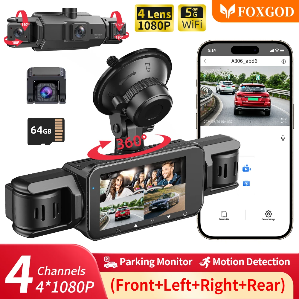 5G WiFi 64G Dash Cam For Cars 4 Lens Camera*FHD 1080P Car DVR Recorder Loop Recording G-sensor Super Night Vision Tachograph