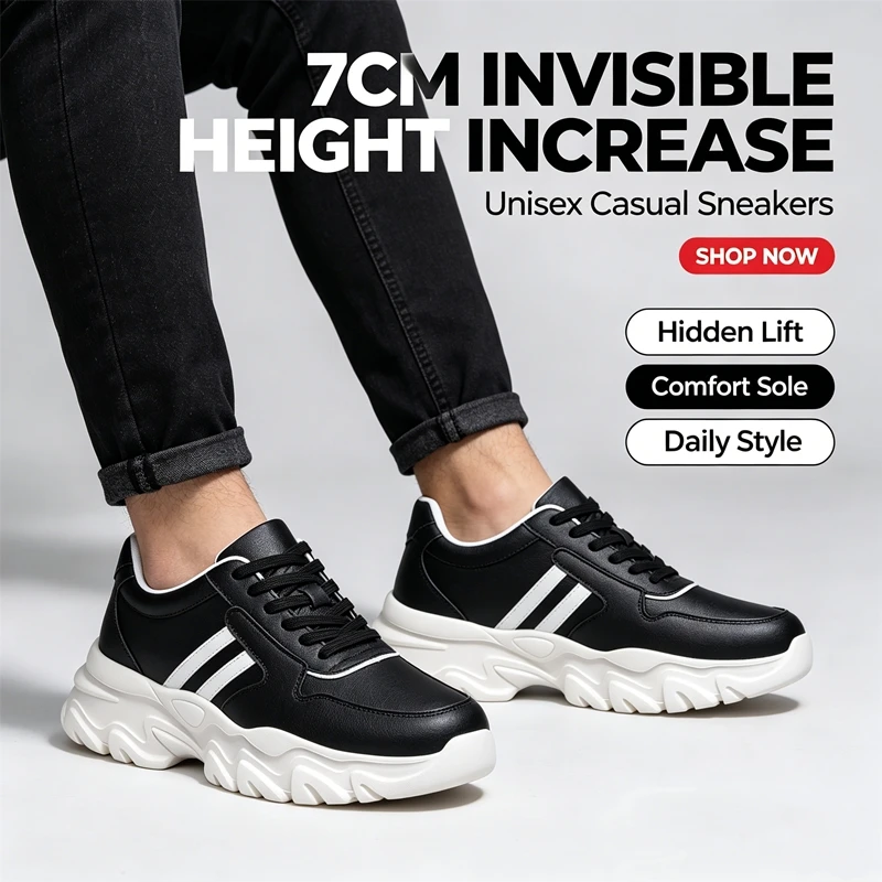 Men Women 7CM Invisible Height Increasing Sneakers Leather Platform Casual Shoes Lightweight Comfort Daily Walking Dad Sneakers