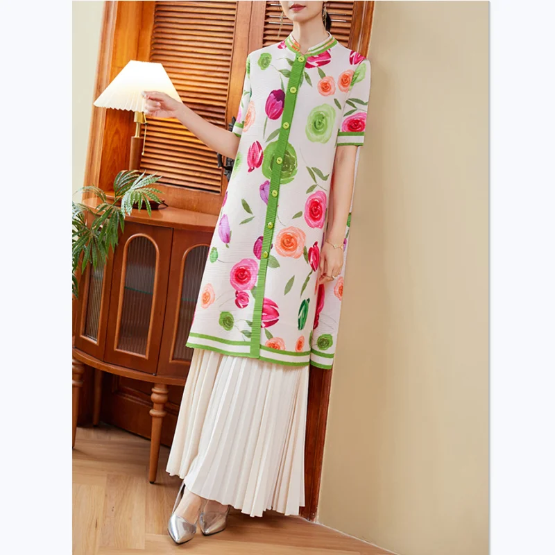 Summer Dress Women 2024 New Fashion Floral Printed Short Sleeved Stretch Miyake Pleated Loose Shirt Dresses