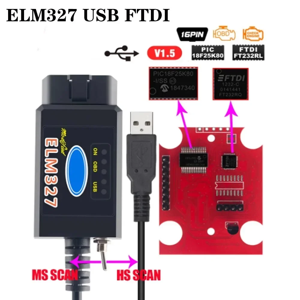 

New V1.5 PIC18F25K80 ELM327 USB FTDI with Switch OBD2 Scanner for Car Diagnostic Tools ELM327 OBD2 V1.5 USB Diagnostic Scanner