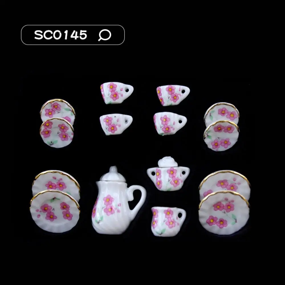 Ceramic Dollhouse Miniature Tea Set Kettle Tableware House Cup Model Set Tray Flower Miniature Porcelain Tea Cup Set