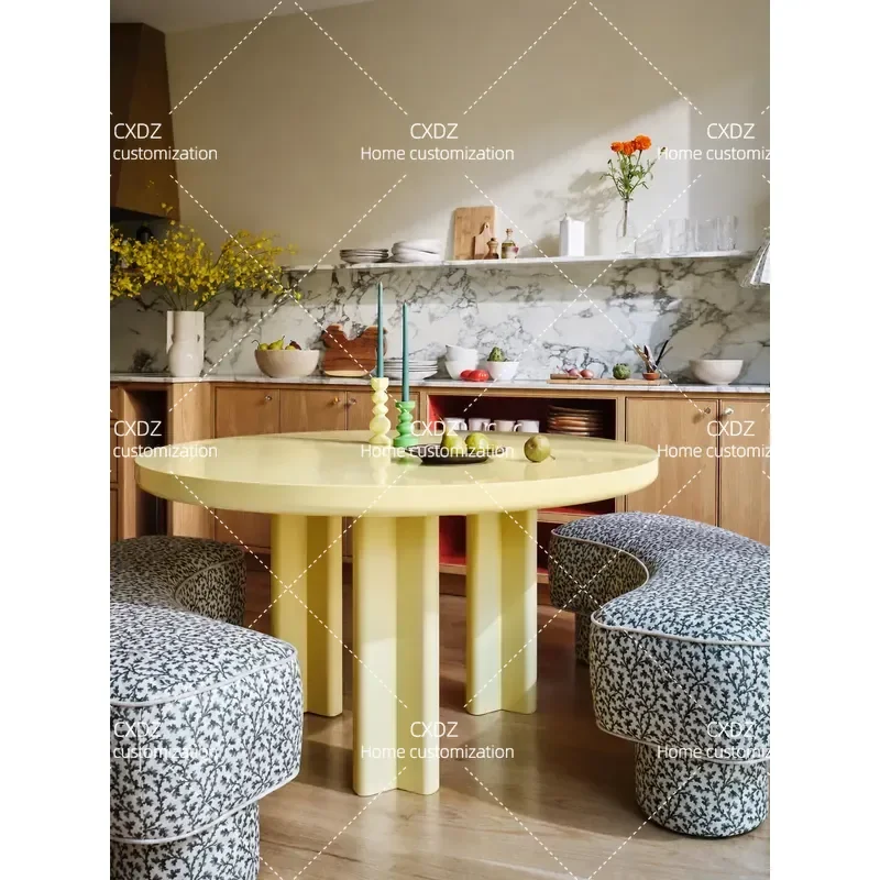 Cream Yellow Three Column Round Solid Wood Dining Table with Art Bifurcated Legs for Home and Restaurant