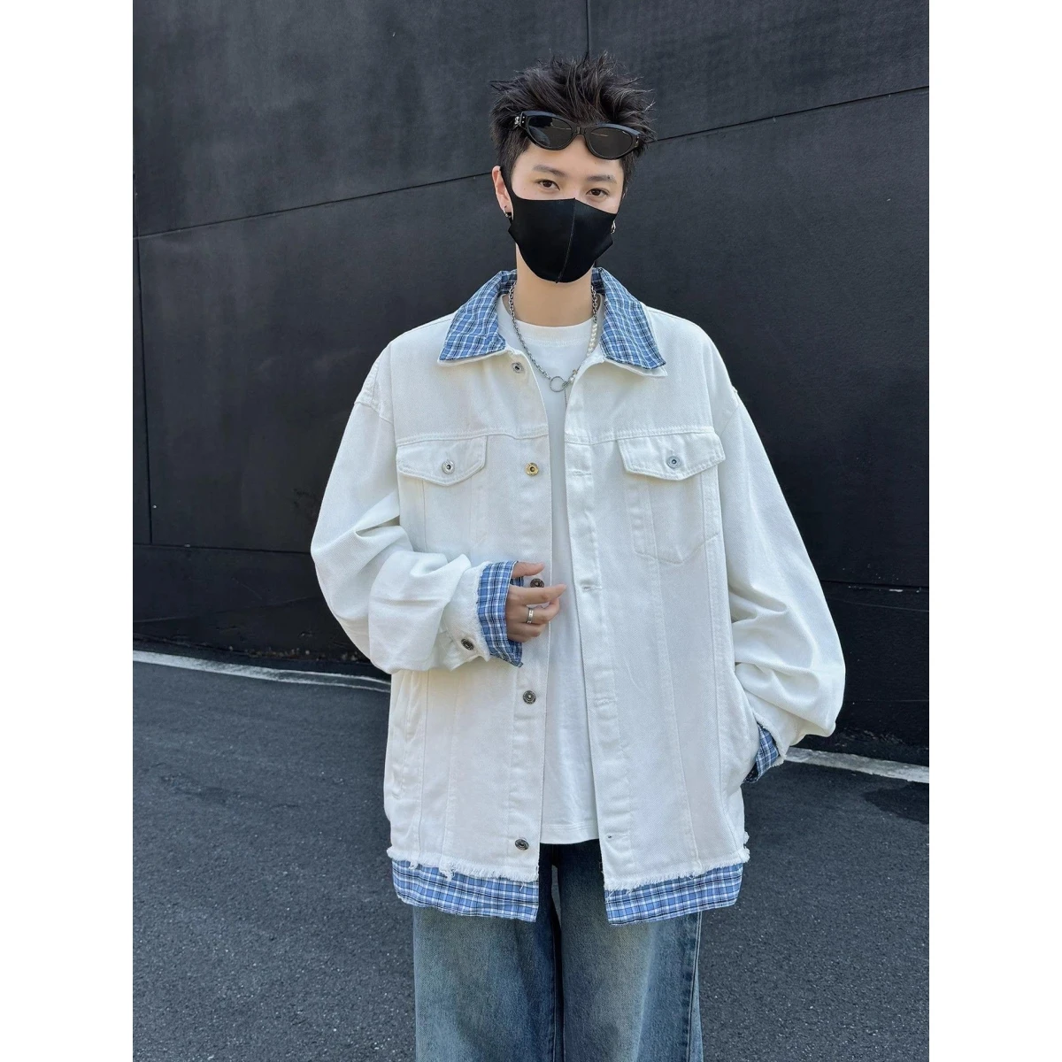 

Американская ретро-куртка из денима с клетчатыми вставками, имитация двухслойности, свободный крой, дизайн в стиле Cleanfit, парная куртка, молодежный тренд, полиэстер