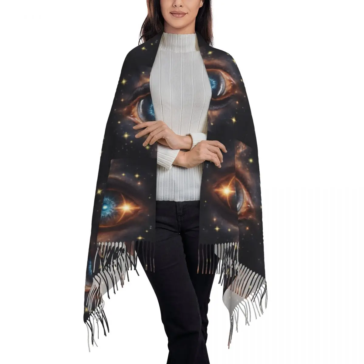 Stars Sun Moon Constellation Planet Eyes Scarf Tassel Scarves for Women Soft Warm Shawls and Wraps Long Fall Winter Shawl Wrap