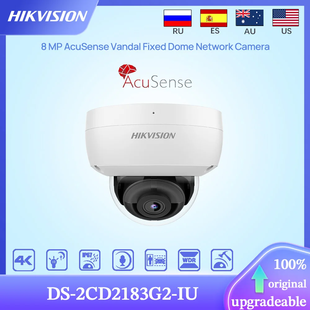 Original Hikvision DS-2CD2183G2-IU 8MP IR30M Human&Vehicle Detect AcuSense Vandal Fixed Dome Network Camera Built-in MIC SD Slot