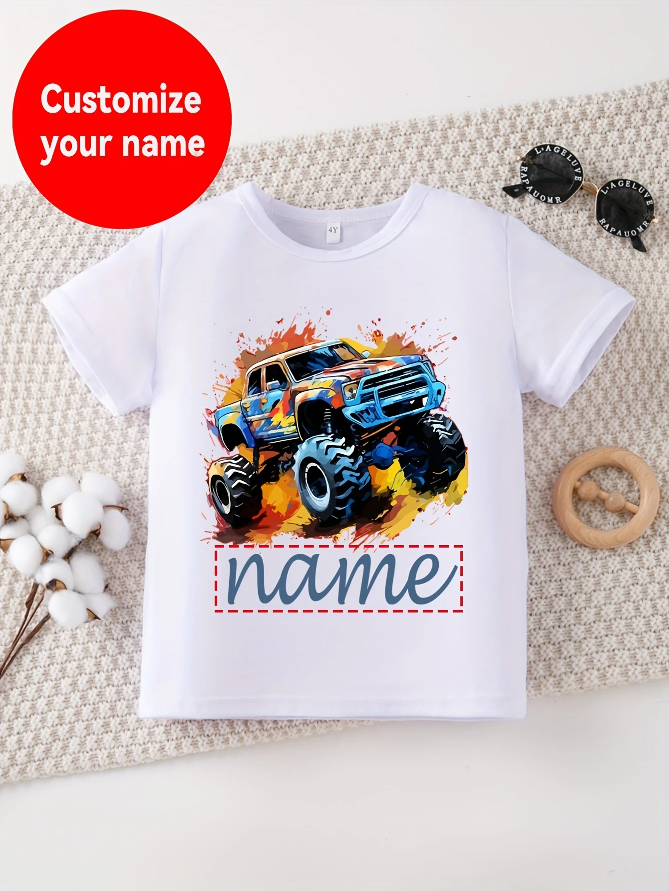 Boys Crew‑Neck Short‑Sleeve T‑Shirt Off‑Road Vehicle Print With Personalized Name Breathable Durable Machine Washable Casual Top