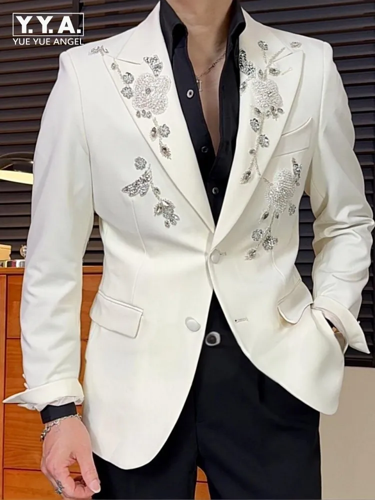 Fashion Slim Male Blazer Solid Color Turn Down Collar Mens Suit Jacket Flower Diamonds Single-Breasted Long Sleeves Outerwear