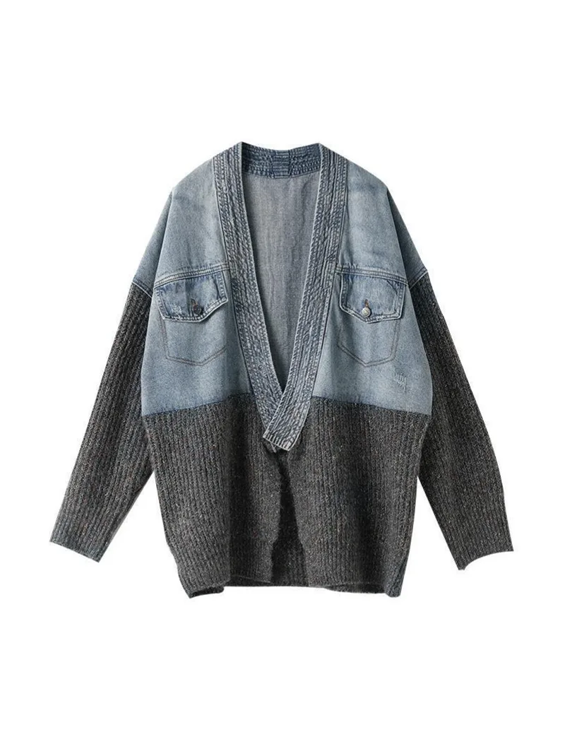 Jean Jacket Women Denim Jackets Knit Patchwork 2023 Spring Autumn Korean Youth Patchwork Denim Street Knitted Cardigan Jackets