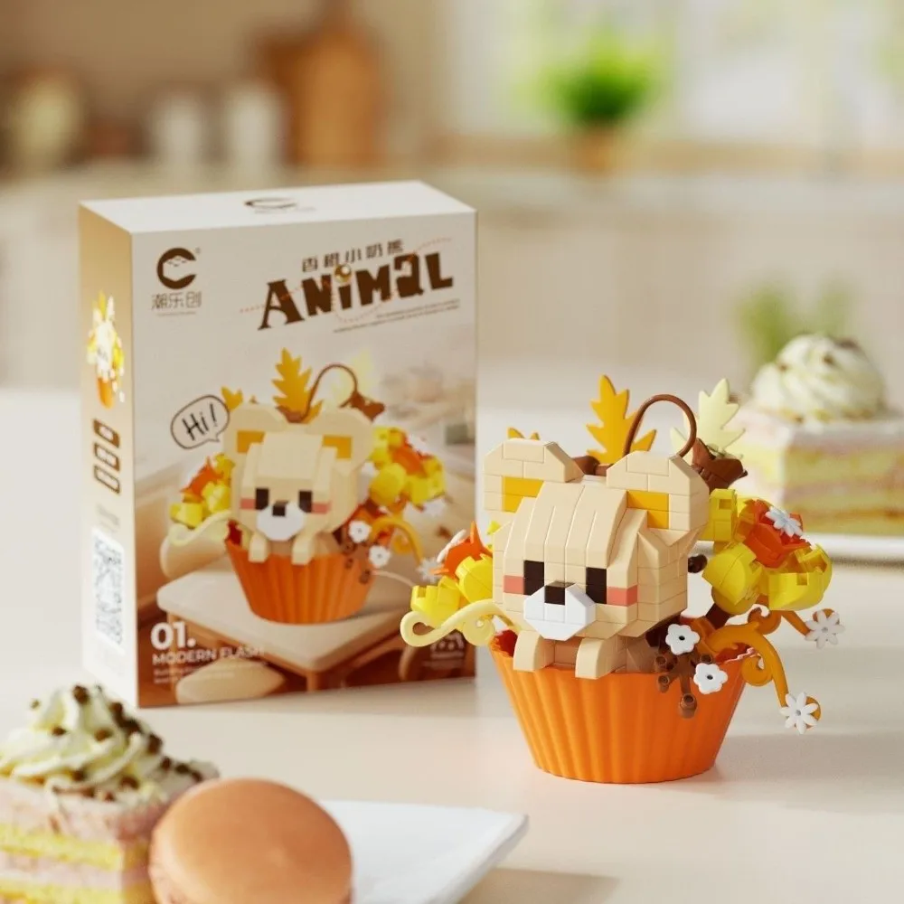 New Dessert Theme Building Blocks Cartoon Animals Cute Cat Dog Rabbit Building Bricks Plastic Potted Bouquet Blocks Gifts
