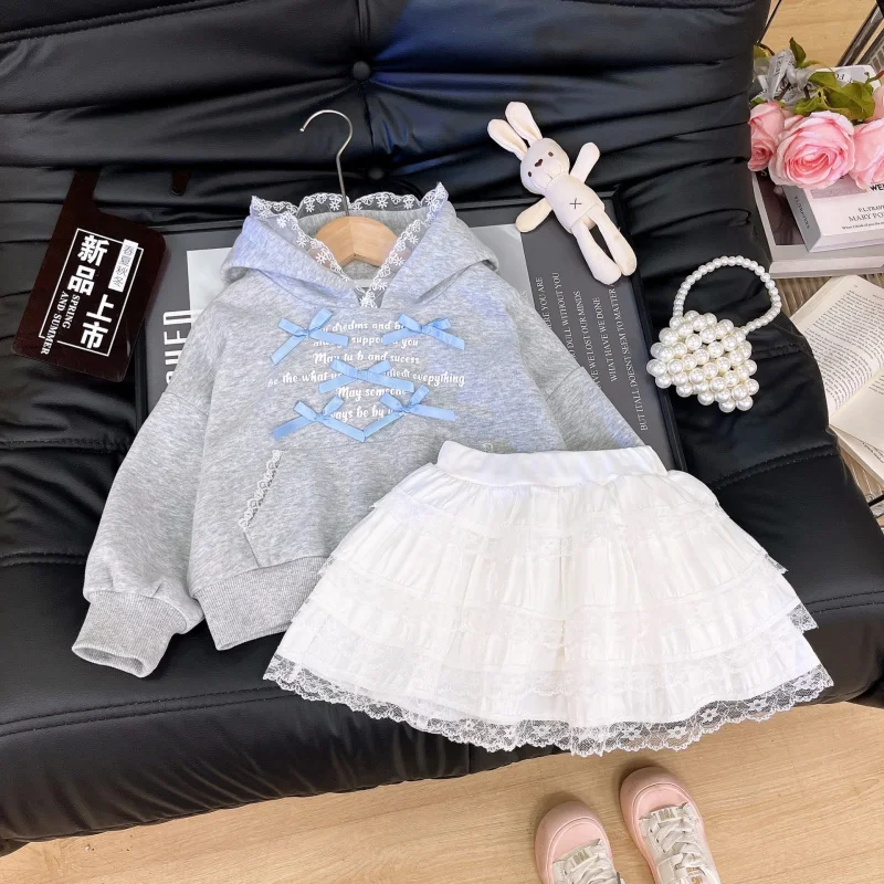 

2025Girls Fashion Hooded Bow Sweatshirt Lace Skirt Two-Piece Set Cute Sweatshirt Outfit Trendy