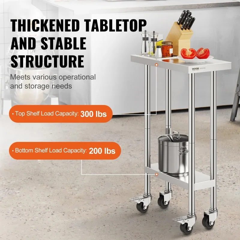 

【Premium】SucceBuy Stainless Steel Work T le 500 LBS Load Capacity w/4 Wheels 3 Adjust le Height Levels Heavy Food Prep Workt l