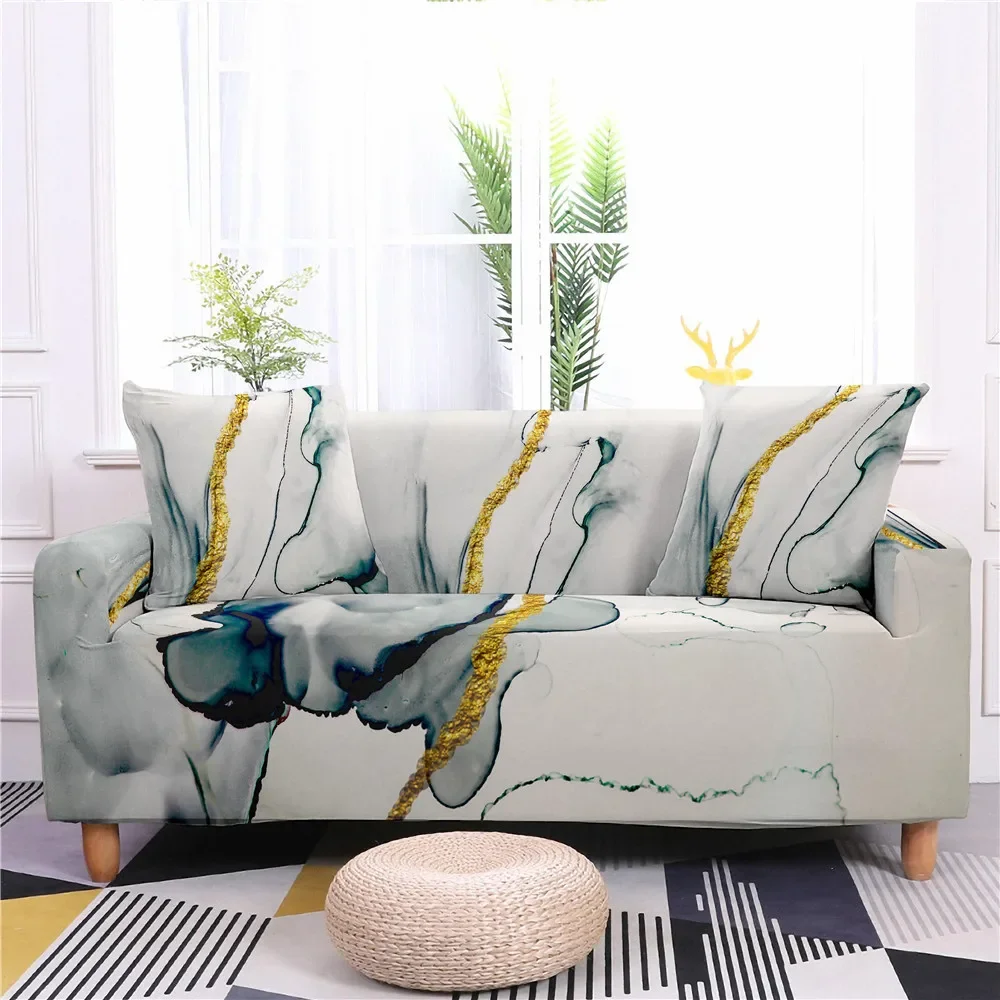 Modern Light Luxury Marble Style Sofa Cover All-inclusive Polyester L-shaped Sofa Quan Gai Home Living Room Big Sofa Fundas