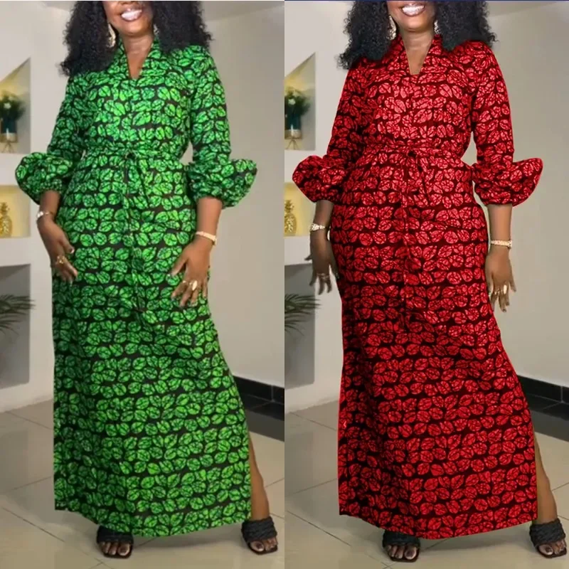 

African Print Dresses for Women Spring 2025 African Long Sleeve V-neck Red Green Long Maxi Dress Gowns Dashiki African Clothing