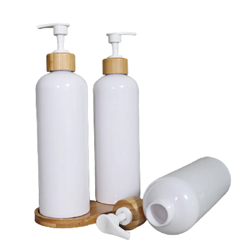 12Pcs Plastic Bottle Packing Empty Round Shoudler PET 500ML Wood Collar Lotion Pump Packaging Container Refillable Bottles