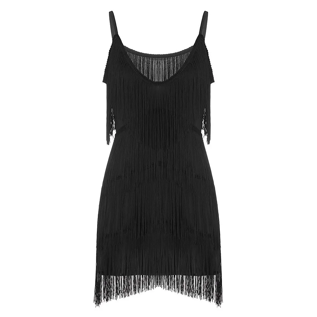 Vestido latino borla para mulheres, vestido com gola C, franja em camadas, vestido flapper, noite, boate, dançando, extravagante, trajes sexy