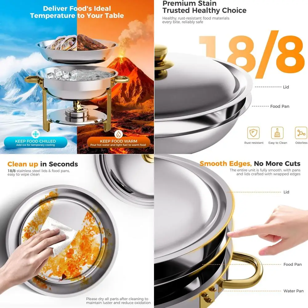 

Gold 4 Pack Chaing Dishes or Buet, 18/8 (304) StainlSteel ood Pan with Lid, 6QT Round Chaing Dish Buet Set ood Warmer, ood Warme
