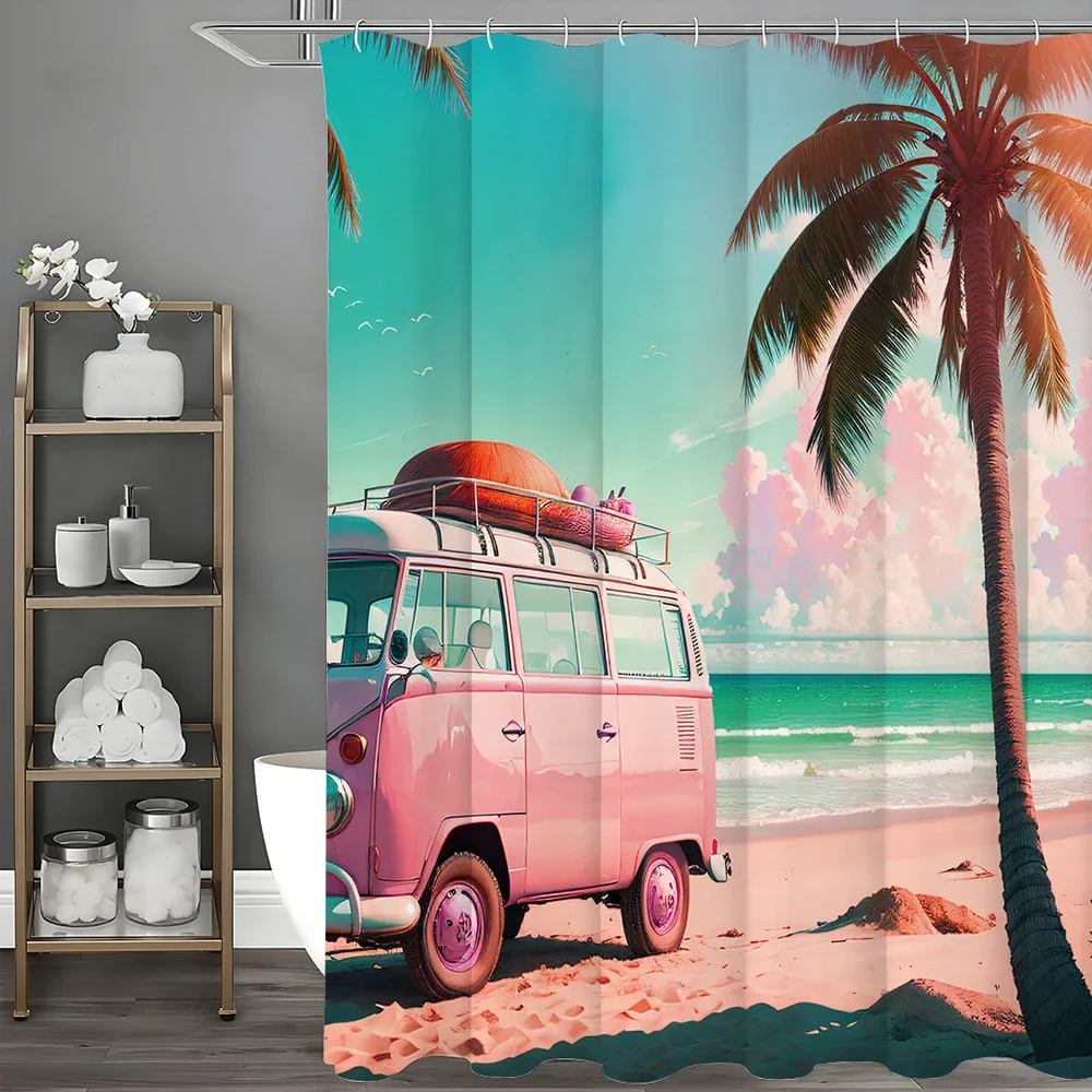 

Розовая, синяя автомобильная пляжная занавеска для душа с кокосовой пальмой, морская занавеска для душа, декоративная занавеска для душа для ванной комнаты, водонепроницаемая занавеска для душа с крючками