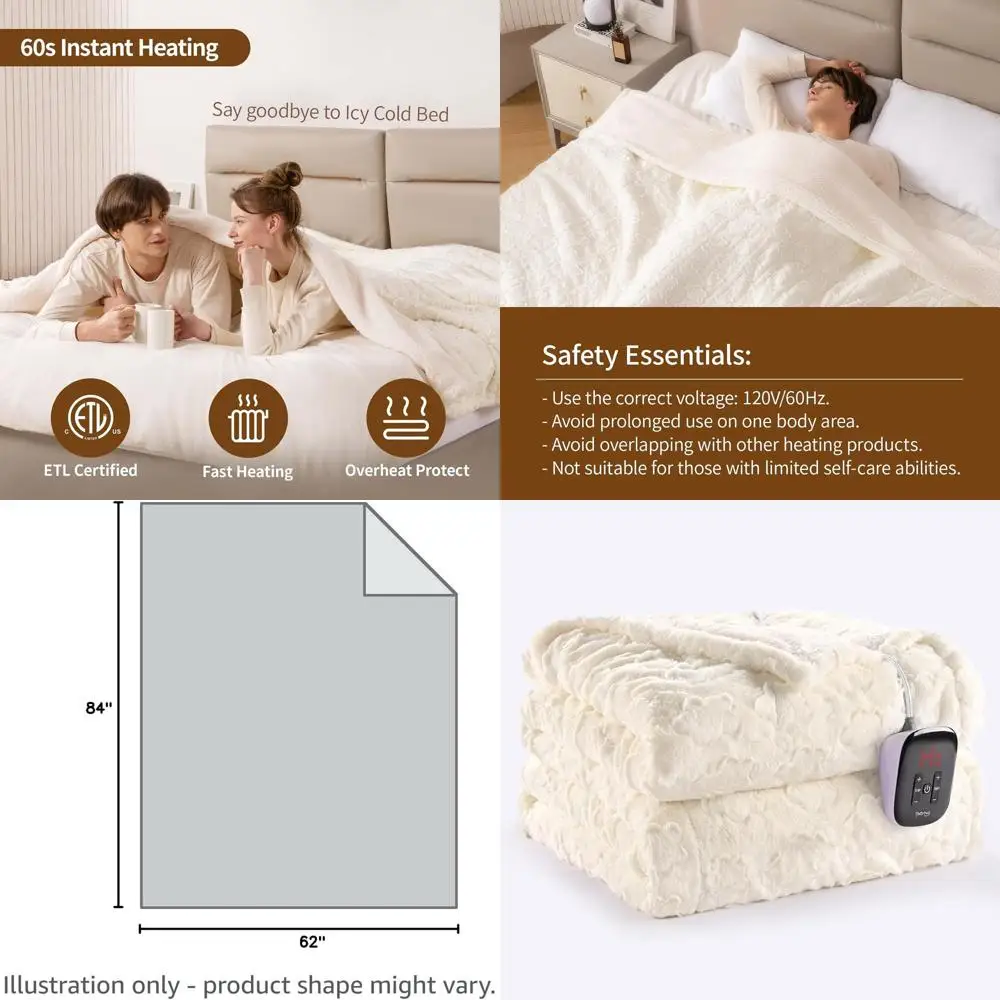

Twin Size 62x84 Electric Blanket with White Floral Faux Fur, 10 Heat Levels, Auto-Off, ETL Certified, Washable Sherpa