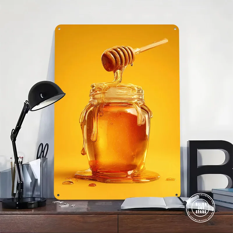 Honey Jar With Dipper on Yellow Printing Poster Customized Retro Wall Art Vintage Metal Signs for Room Bedroom Decoration Garage