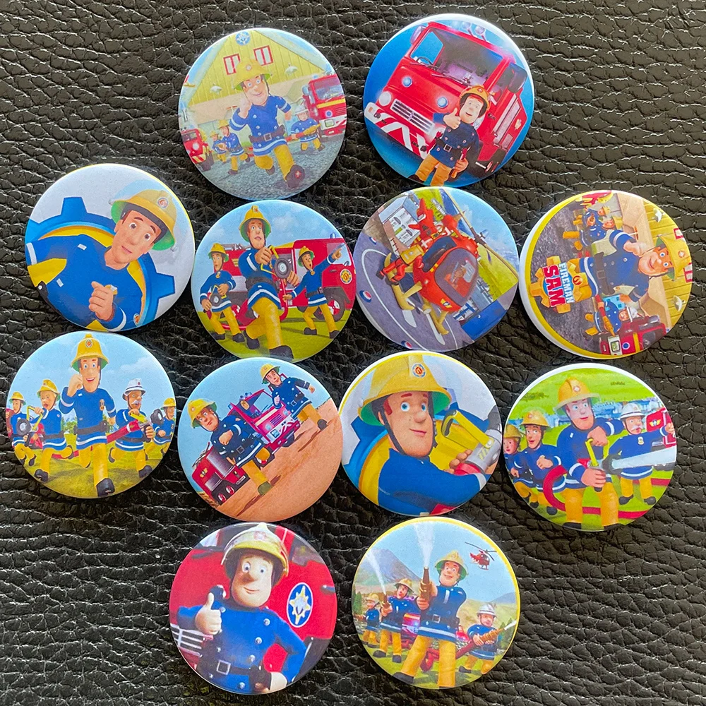 12pcs Fireman Sam Birthday Party Favors Firefighter Pin Back Button Pins for Kids Fireman Sammy Theme Party Decorations Supplies