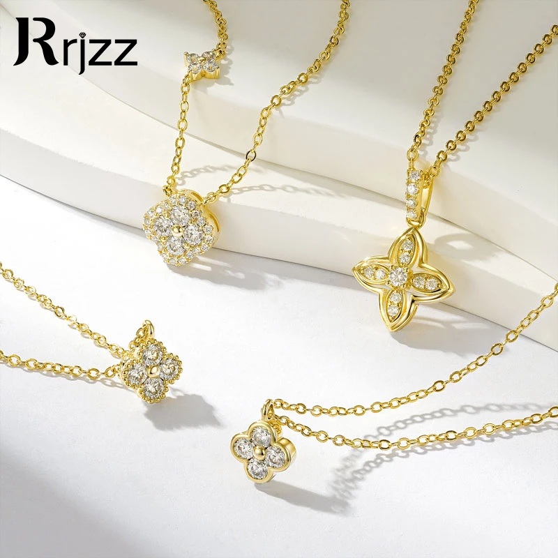 

Rrjzz D Color VVS1 Round Lab Created Moissanite Adjustable Necklace for Women 14K Gold Plated Four-Leaf Clover Pendant Necklace