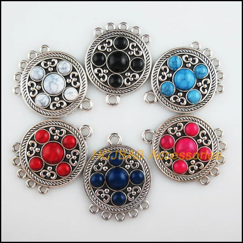 Fashion 6Pcs Tibetan Silver Tone Retro Flower Mixed Acrylic Round Charms Connectors 31x40.5mm