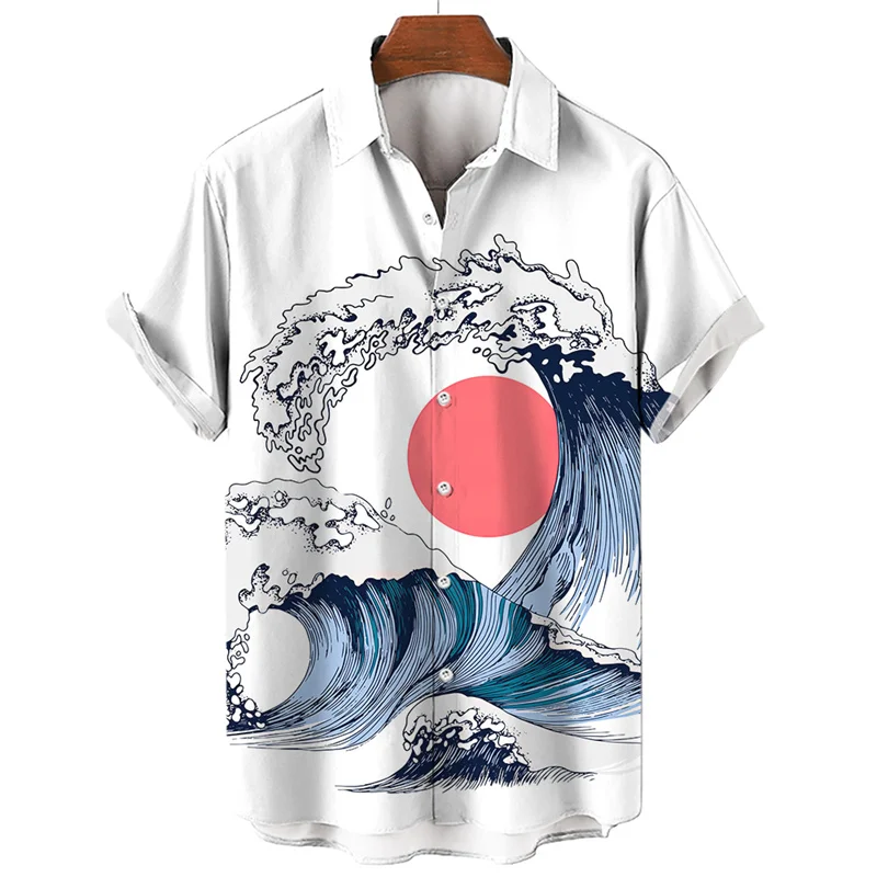 Japanese Sea Ocean Wave Graphic Shirt Men Kids 3D Print Vintage  Hawaiian Beach Shirts Short Sleeve Women Lapel Tops Clothing